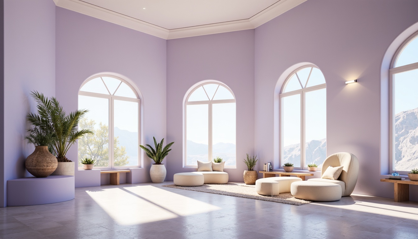 Prompt: Soft lavender blue hues, calming atmosphere, serene architectural design, gentle curves, rounded edges, soothing color scheme, pastel shades, creamy whites, warm beige accents, natural stone textures, wooden elements, minimalist decor, cozy reading nooks, floor-to-ceiling windows, abundant natural light, softbox lighting, shallow depth of field, 1/1 composition, intimate scale, peaceful ambiance, subtle gradient effects.