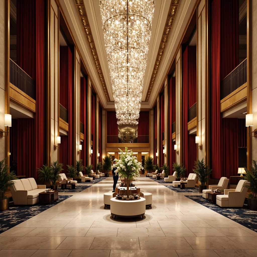 Prompt: Elegant hotel lobby, grand chandelier, marble flooring, ornate columns, luxurious furnishings, velvet drapes, golden accents, intricate moldings, symmetrical layout, spacious high ceiling, crystal sconces, rich wood paneling, comfortable seating areas, warm ambient lighting, shallow depth of field, 1/1 composition, realistic textures, soft focus effect.