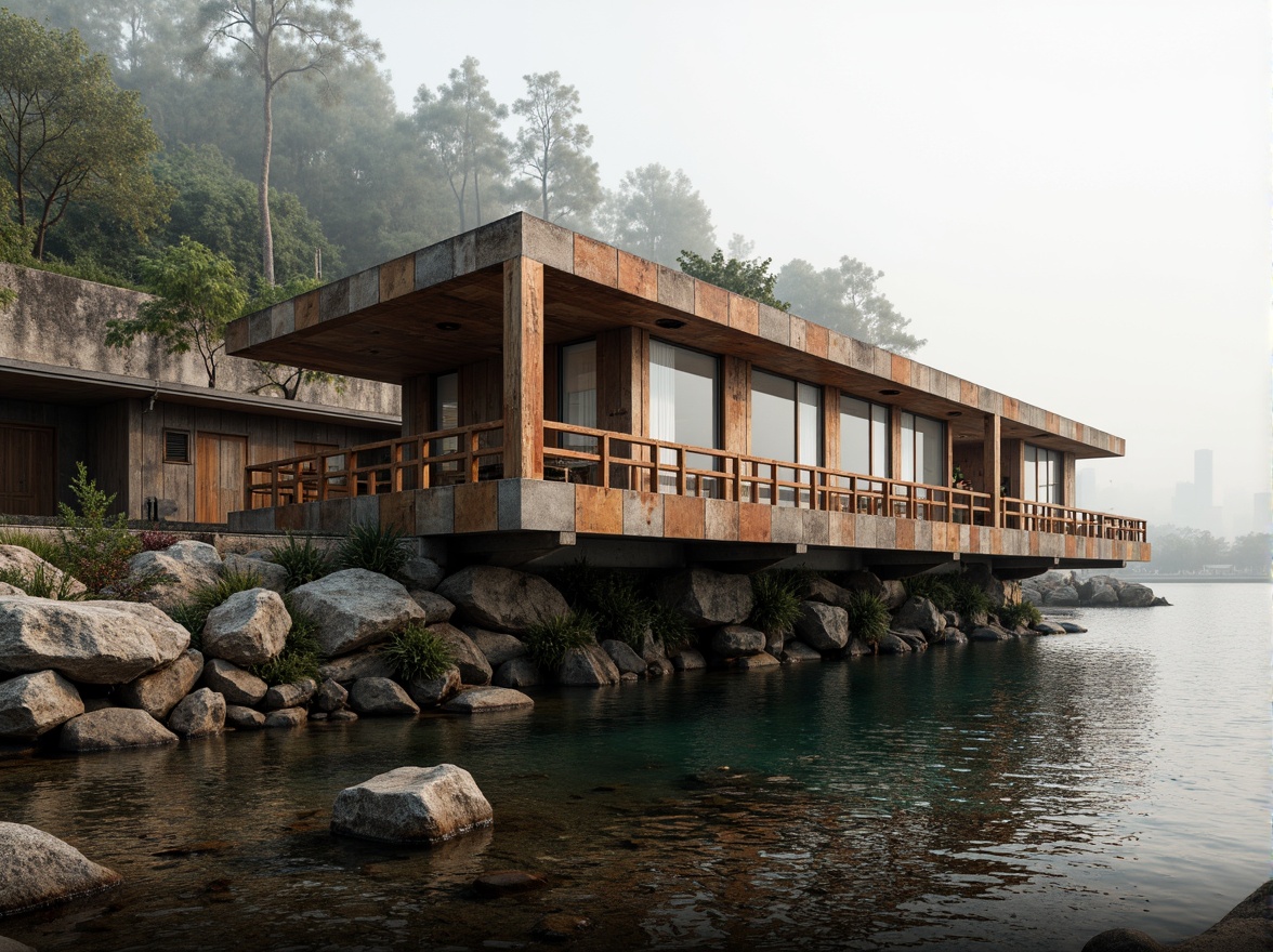 Prompt: Rustic boathouse, brutalist architecture, weathered wood accents, industrial metal beams, expansive waterfront views, natural stone foundations, rugged shorelines, misty morning atmosphere, soft warm lighting, shallow depth of field, 3/4 composition, panoramic view, realistic textures, ambient occlusion, adaptive responsive design, mobile-friendly interface, flexible grid systems, scalable typography, fluid animations, interactive elements, immersive user experience.