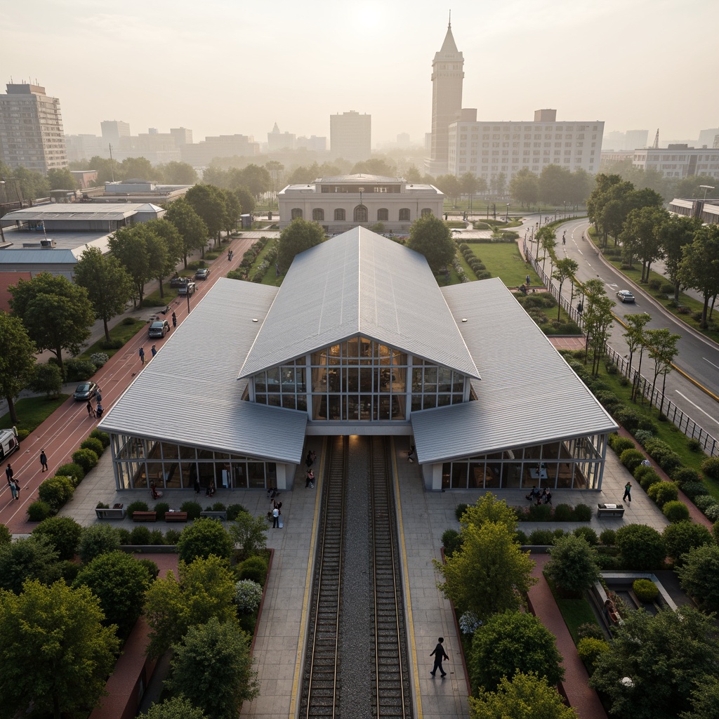 Prompt: Grand train station, modern architecture, sleek metal roofs, large glass windows, vibrant greenery, lush gardens, walking paths, benches, public art installations, urban landscape, cityscape, busy streets, pedestrian zones, bike lanes, streetlights, misty morning atmosphere, soft warm lighting, shallow depth of field, 3/4 composition, panoramic view, realistic textures, ambient occlusion.