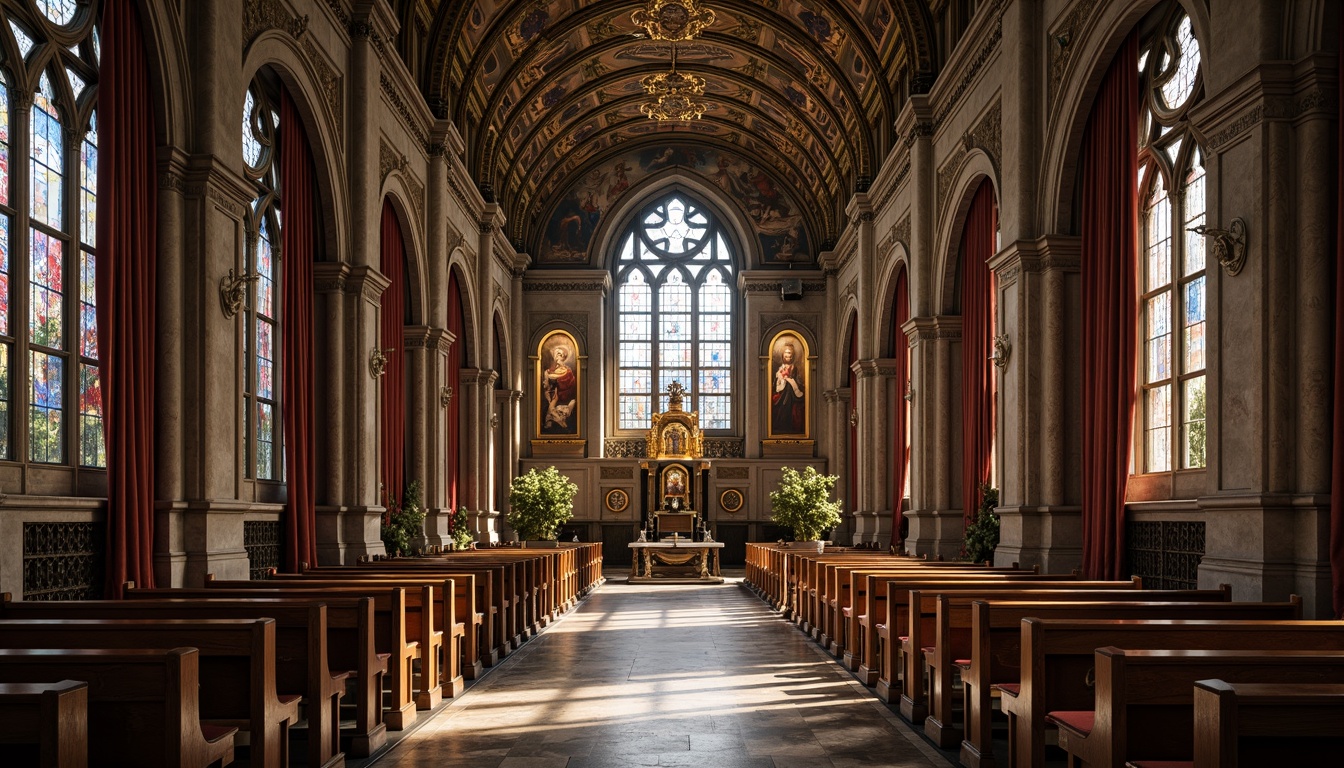 Prompt: Intricate stone carvings, ornate wooden pews, stained glass windows, grandiose vaulted ceilings, ribbed arches, Gothic-inspired columns, lavish frescoes, ornamental metalwork, intricate mosaics, subtle warm lighting, soft focus, shallow depth of field, 1/2 composition, symmetrical framing, richly patterned textiles, luxurious velvet drapes, polished marble floors, ornate golden accents, mystical ambiance, serene atmosphere.