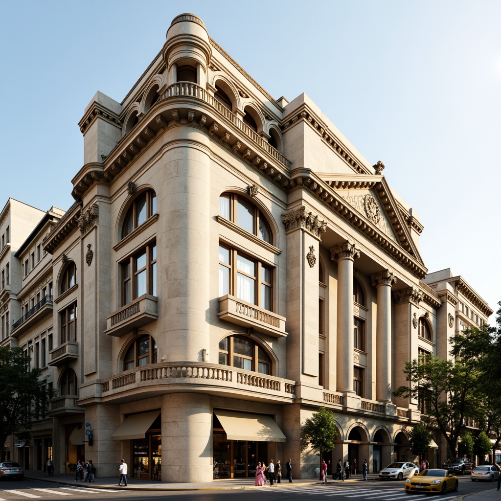 Prompt: Grandiose neoclassical building, ornate facade details, Corinthian columns, symmetrical composition, elegant arches, intricate carvings, ornamental moldings, luxurious marble materials, subtle cream colors, soft golden lighting, shallow depth of field, 1/1 composition, realistic textures, ambient occlusion, urban cityscape, busy streets, historic landmarks, vibrant cultural atmosphere.