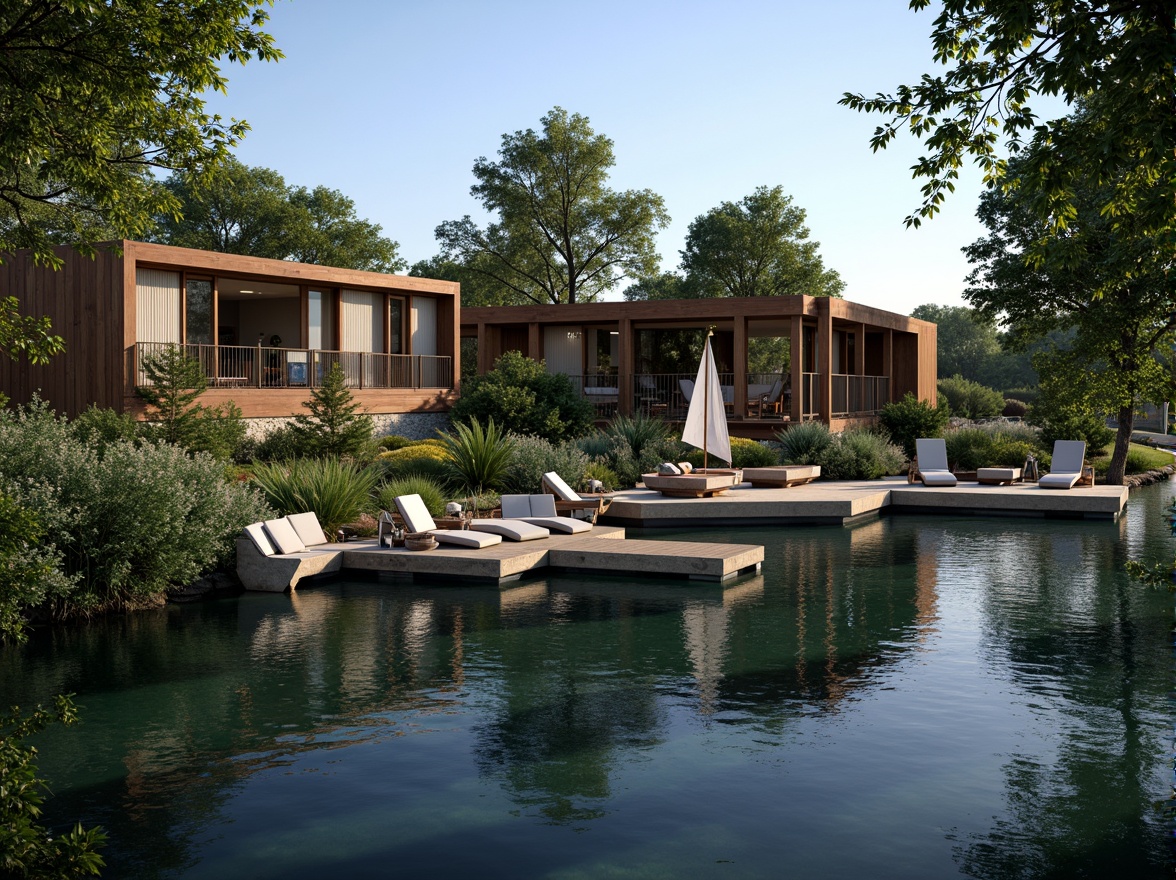 Prompt: Scenic lakefront, serene water reflections, lush greenery, wooden docks, sailboats, modern lakehouse architecture, large windows, sliding glass doors, natural stone walls, rustic wood accents, cozy outdoor seating areas, warm string lighting, shallow depth of field, 3/4 composition, panoramic view, realistic textures, ambient occlusion.