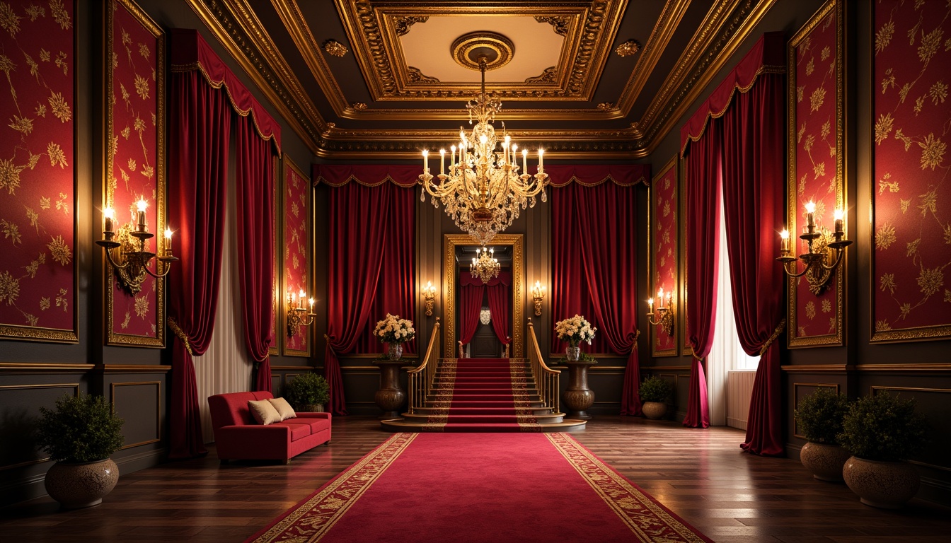 Prompt: Rich velvet curtains, ornate golden frames, lavish chandeliers, grand staircase, opulent red carpet, intricate moldings, Baroque-inspired architecture, dramatic spotlights, warm ambient lighting, shallow depth of field, 1/2 composition, realistic textures, ambient occlusion, luxurious fabrics, regal color palette, Renaissance-era motifs, ornamental details, majestic high ceilings, grandiose scale, symmetrical layout.