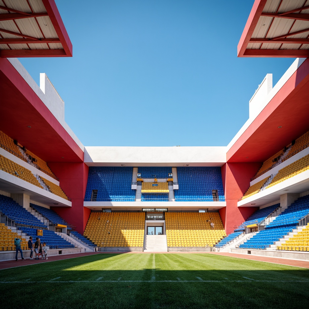 Prompt: Vibrant stadium architecture, bold geometric shapes, primary color scheme, bright red accents, deep blue tones, yellow highlights, white concrete structures, industrial metal beams, minimalist design, functional simplicity, athletic track, green grass fields, sunny day, dramatic shadows, high-contrast lighting, 1/1 composition, symmetrical framing, abstract textures, ambient occlusion.