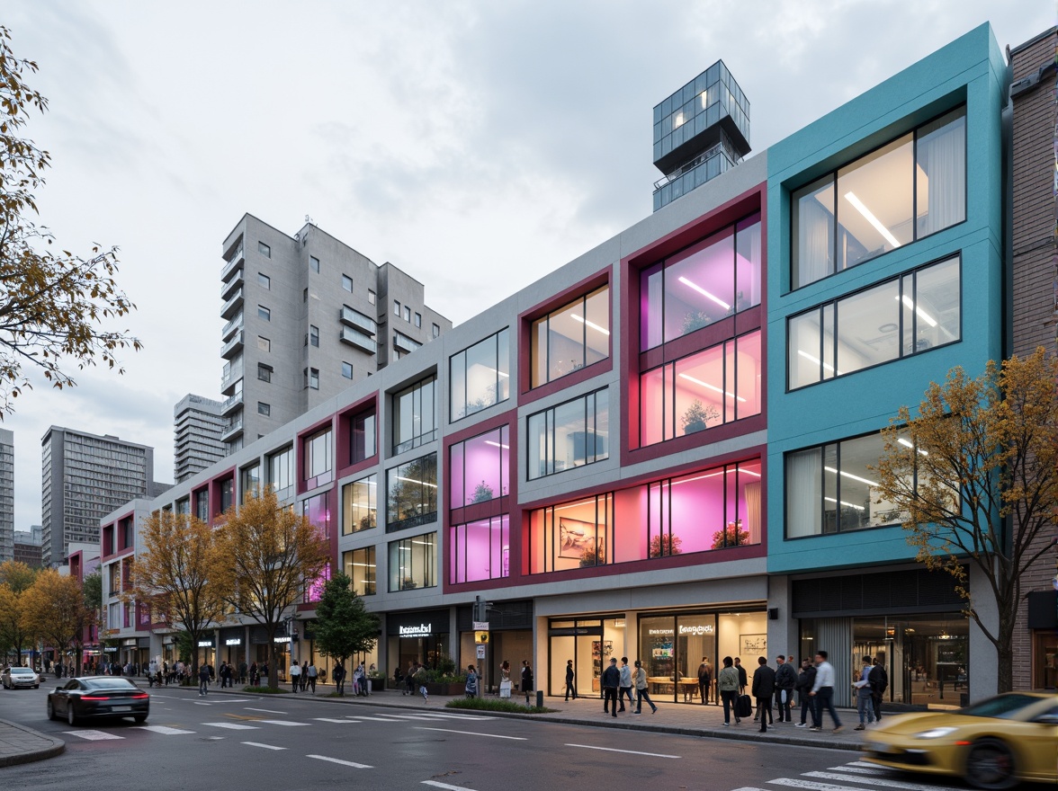 Prompt: Vibrant modernist architecture, bold geometric shapes, monochromatic color scheme, pastel hues, neon accents, metallic finishes, sleek glass surfaces, minimalist decor, industrial materials, urban cityscape, cloudy grey sky, dramatic shadows, high contrast lighting, 1/1 composition, symmetrical framing, abstract textures, atmospheric perspective.