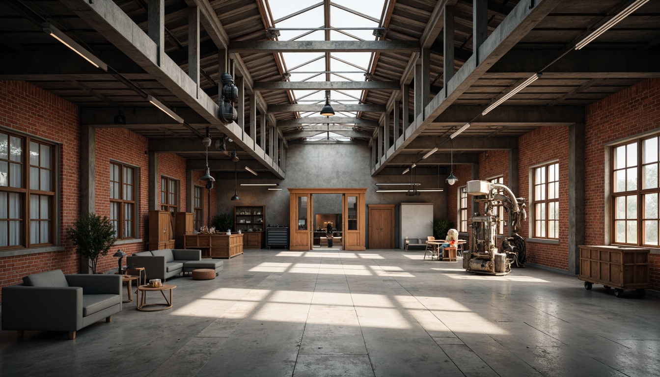 Prompt: Industrial warehouse interior, exposed ductwork, metal beams, concrete floors, rustic brick walls, high ceilings, natural light pouring through skylights, warm ambient lighting, softbox lights, task lamps, suspended linear fixtures, LED strips, diffused shadows, subtle color temperature, 1/2 composition, shallow depth of field, realistic textures, ambient occlusion.