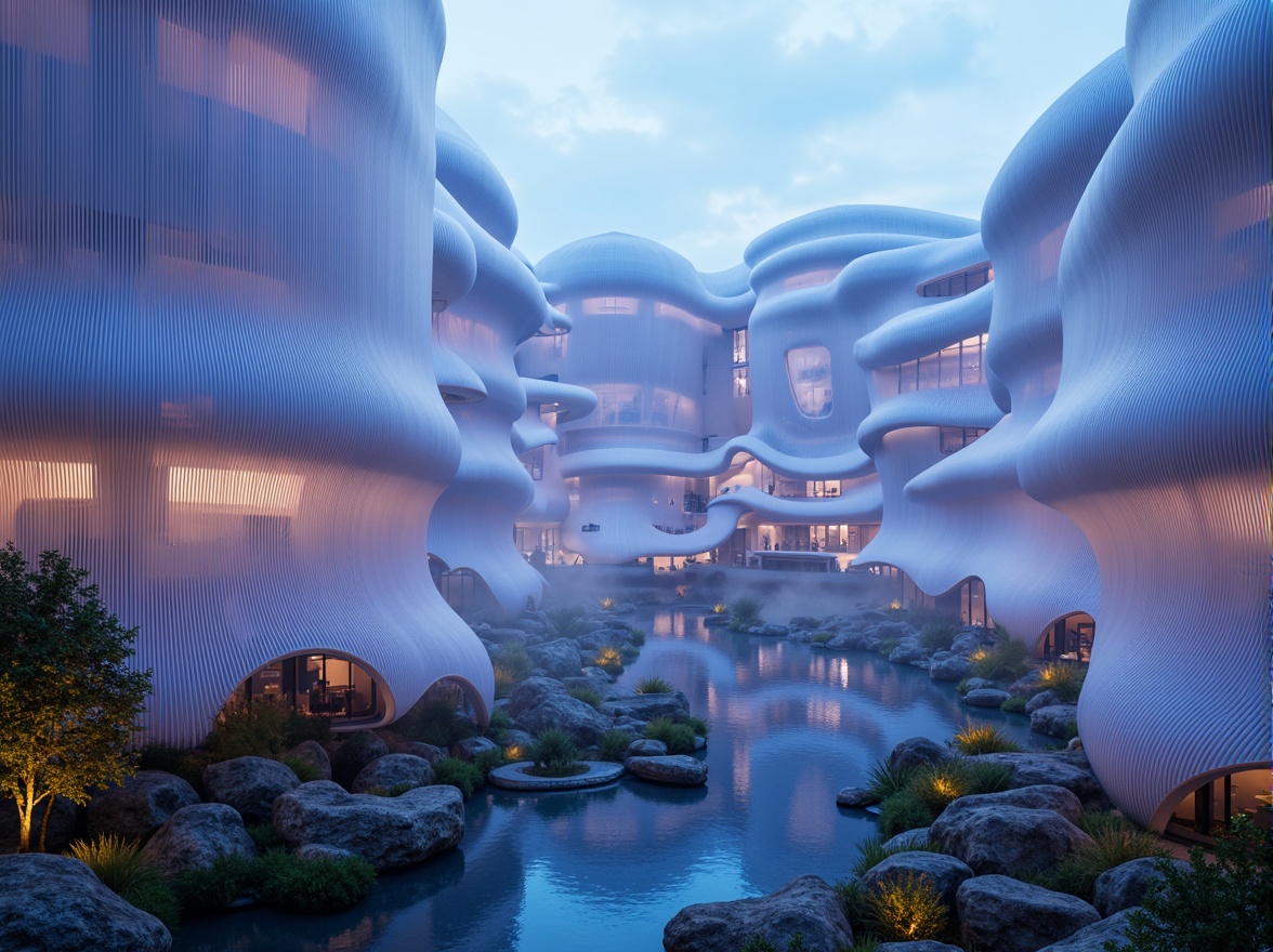 Prompt: Curved, amoeba-like buildings, iridescent colors, translucent membranes, undulating walls, fluidic shapes, futuristic architecture, bioluminescent accents, misty atmosphere, soft focus, shallow depth of field, 1/2 composition, wide-angle lens, dreamy lighting, ethereal ambiance, organic textures, subtle animations, surreal landscape, eerie soundscape.