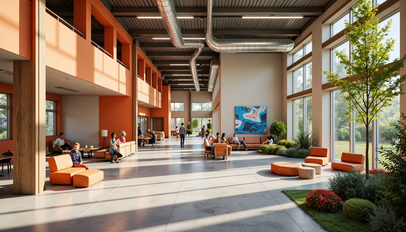 Prompt: Vibrant community center, warm beige walls, rich wood accents, energetic orange furniture, calming blue tones, natural light pouring in, spacious open areas, modern minimalist decor, playful kid-friendly zones, cozy reading nooks, collaborative workspaces, dynamic abstract art, urban industrial vibe, exposed ductwork, polished concrete floors, sleek metal beams, inviting outdoor spaces, lush greenery surroundings, sunny day, soft warm lighting, shallow depth of field, 3/4 composition, panoramic view, realistic textures, ambient occlusion.