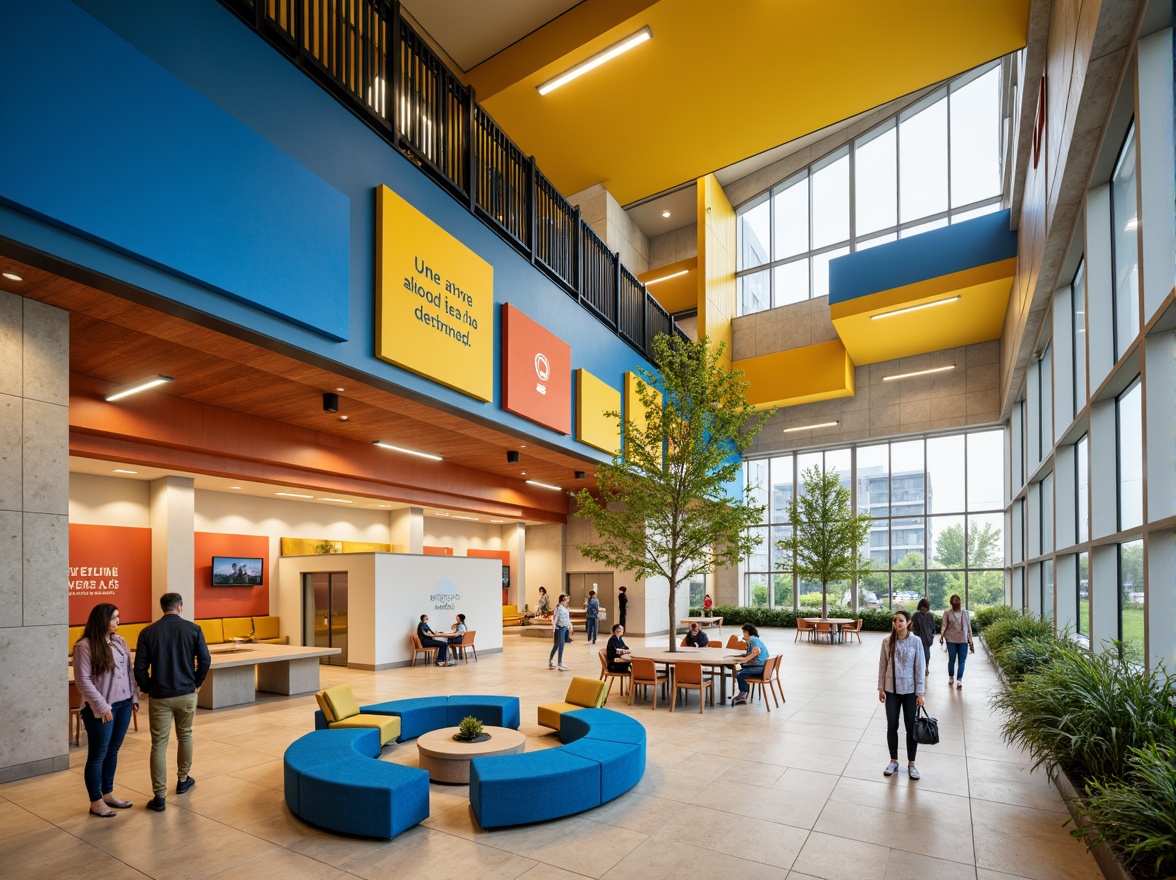 Prompt: Vibrant high school building, fusion architecture style, bold color scheme, bright blue accents, warm yellow tones, deep orange hues, neutral beige background, modern metallic materials, sleek glass surfaces, angular lines, minimalist design, educational signage, inspirational quotes, collaborative learning spaces, flexible seating areas, natural light infusion, soft warm lighting, shallow depth of field, 3/4 composition, panoramic view, realistic textures, ambient occlusion.