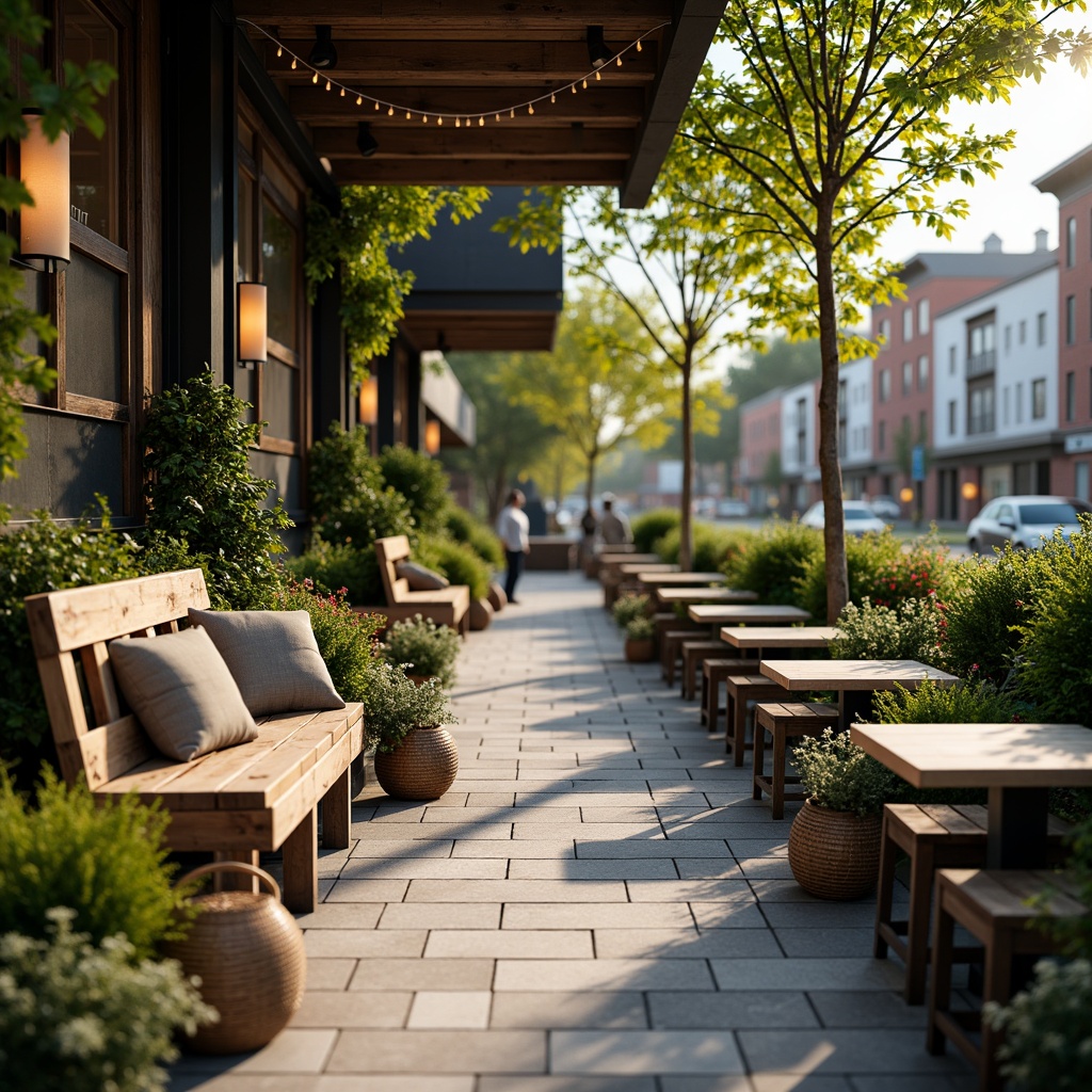 Prompt: Cozy coffee shop patio, rustic wooden benches, plush cushions, natural stone flooring, lush greenery, vibrant flowers, modern metal tables, minimalist chairs, warm string lighting, soft ambient glow, shallow depth of field, 1/1 composition, realistic textures, ambient occlusion, urban cityscape, bustling streets, trendy neighborhood, afternoon sunlight, gentle breeze.