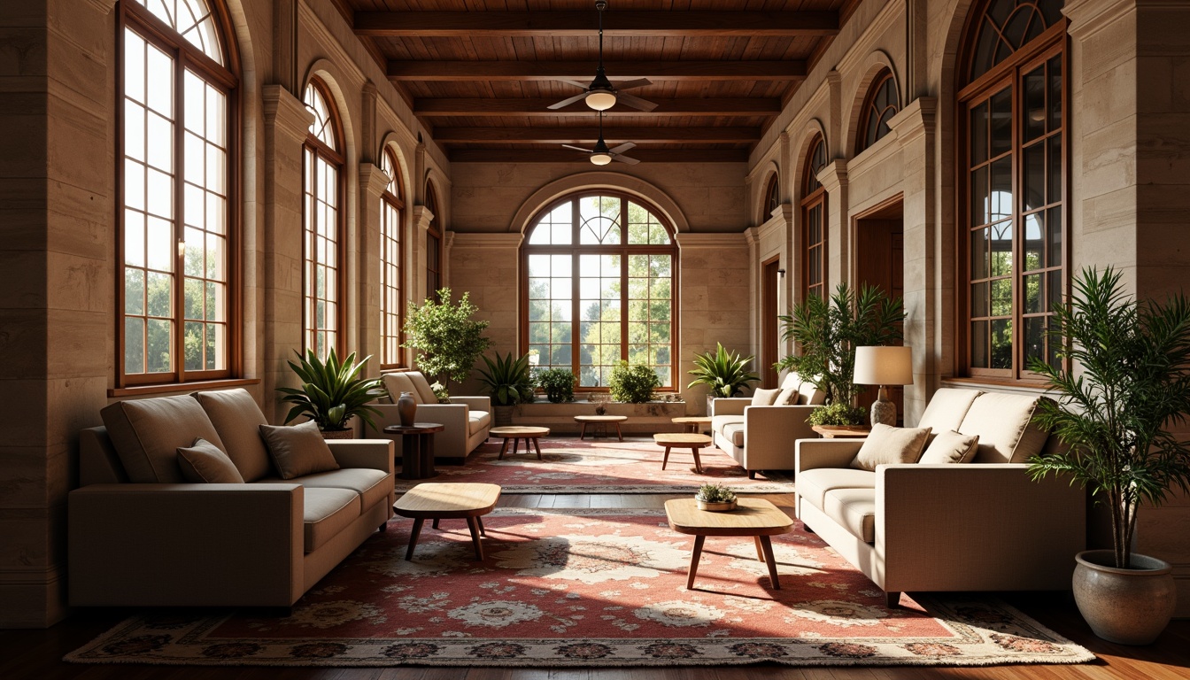 Prompt: Cozy student lounge, warm wooden accents, soft natural lighting, large windows, elegant archways, classic columns, comfortable sofas, rustic coffee tables, vintage rugs, earthy color palette, subtle texture details, shallow depth of field, 1/1 composition, realistic rendering, ambient occlusion, morning sunlight, gentle shadows, peaceful atmosphere.