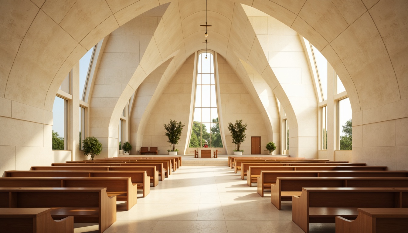 Prompt: Sleek modern church, curved lines, minimalist architecture, cream-colored stone walls, large stained glass windows, subtle natural light, warm beige interior, polished wooden pews, simple altar design, soft golden lighting, shallow depth of field, 1/1 composition, realistic textures, ambient occlusion, calming atmosphere, serene ambiance, gentle color palette, soothing earth tones, muted pastel hues.