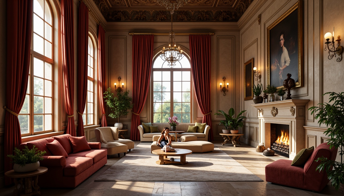 Prompt: Renaissance-style apartments, warm earthy tones, rich wood accents, ornate furnishings, luxurious fabrics, velvet drapes, golden lighting fixtures, intricate moldings, high ceilings, large windows, natural stone floors, elegant archways, sophisticated color scheme, muted reds, deep blues, soft yellows, creamy whites, subtle texture overlays, realistic material reflections, warm ambient lighting, shallow depth of field, 1/1 composition, detailed architectural elements.