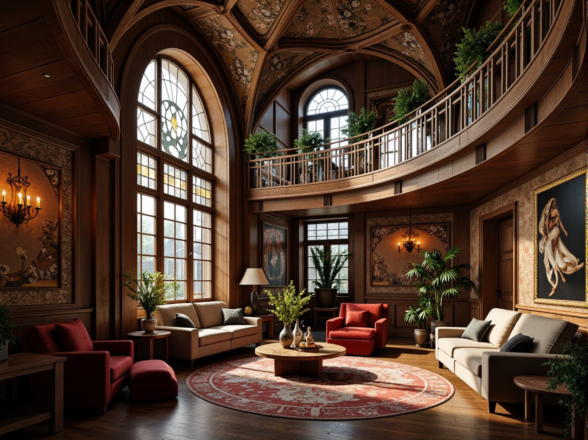 Prompt: Grandiose loft interior, ornate Art Nouveau details, flowing organic lines, sinuous curves, intricate metalwork, stained glass windows, luxurious velvet fabrics, rich wood paneling, elegant chandeliers, whimsical sculptures, vintage decorative accents, soft warm lighting, shallow depth of field, 1/1 composition, intimate atmosphere, realistic textures, ambient occlusion.