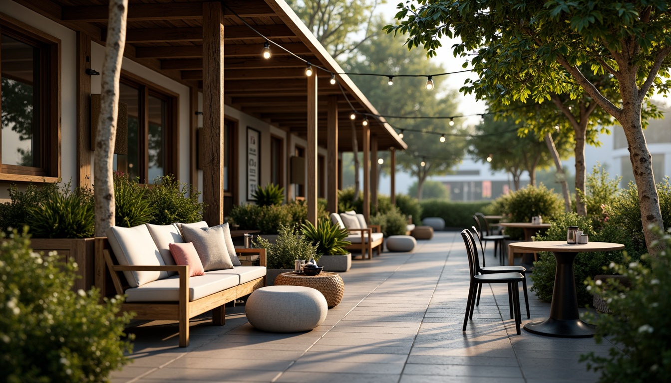 Prompt: Cozy coffee shop patio, rustic wooden benches, plush cushions, natural stone flooring, lush greenery, vibrant flowers, modern metal tables, minimalist chairs, warm string lighting, soft ambient glow, shallow depth of field, 3/4 composition, panoramic view, realistic textures, ambient occlusion.