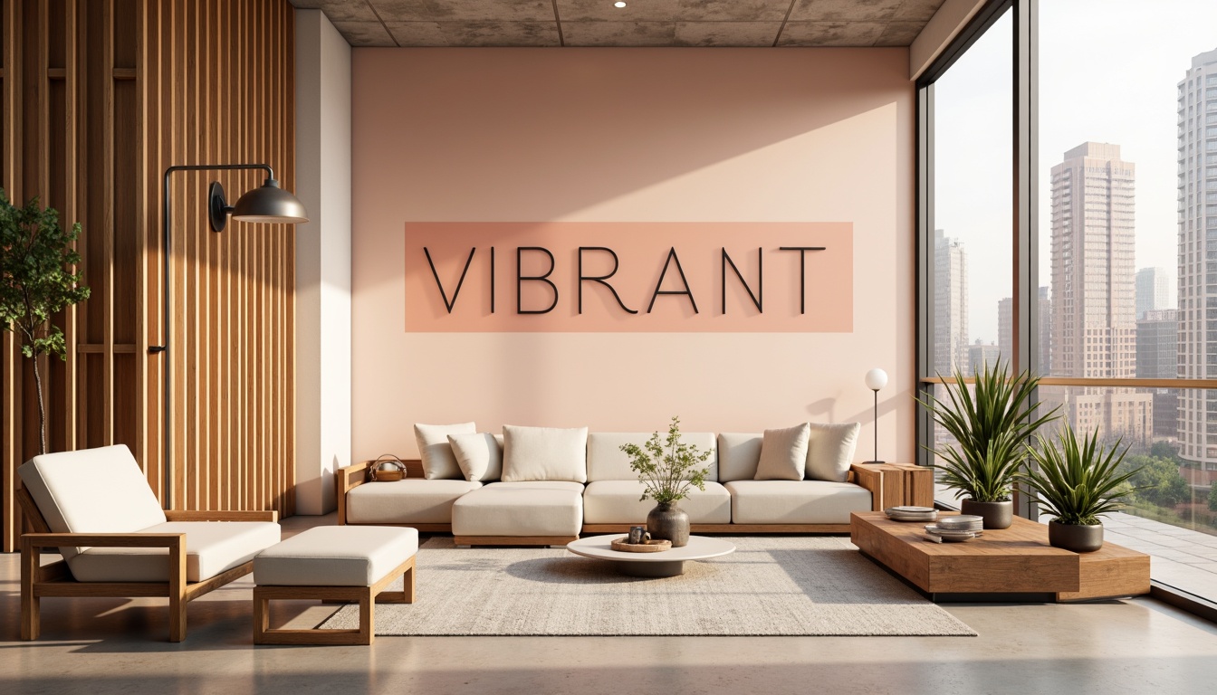 Prompt: Vibrant design studio, modern minimalist aesthetic, bold typography, pastel color scheme, soft peach tones, creamy whites, rich charcoal accents, natural wood textures, industrial metal elements, urban cityscape background, warm golden lighting, shallow depth of field, 1/1 composition, realistic renderings, ambient occlusion.