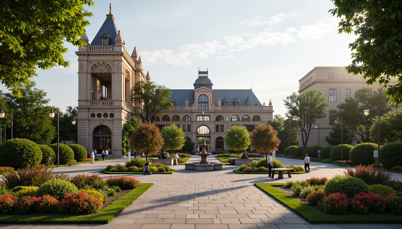 Prompt: Grand courthouse building, romanticism style architecture, lush greenery, vibrant flowers, ornate fountains, walking paths, decorative lampposts, historic monuments, natural stone walls, climbing vines, blooming trees, soft warm lighting, shallow depth of field, 3/4 composition, panoramic view, realistic textures, ambient occlusion, serene atmosphere, elegant statues, intricate ironwork, symmetrical gardens, meandering streams, rustic benches, weathered stone pavement.