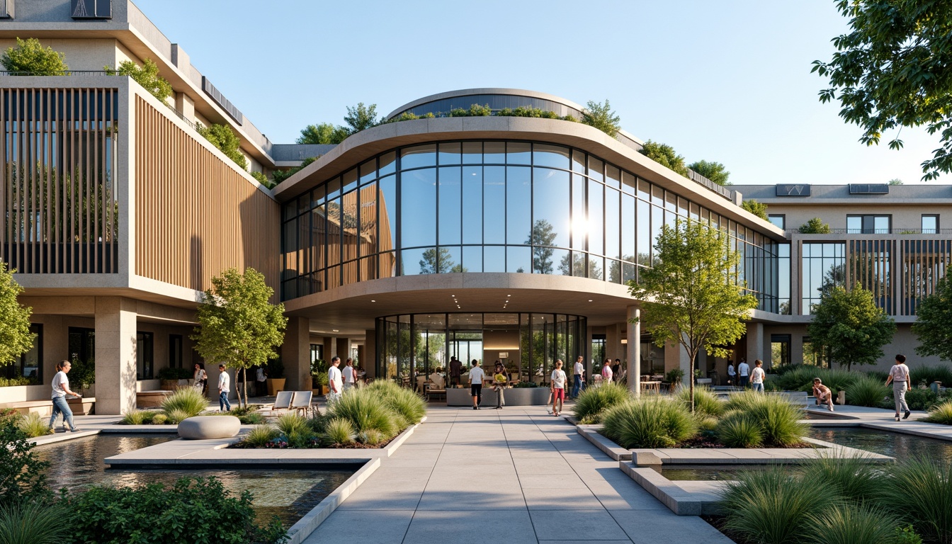 Prompt: Modern healthcare center, curved glass facade, natural stone walls, green roofs, solar panels, vertical gardens, calming water features, wheelchair-accessible ramps, automatic sliding doors, spacious lobbies, warm wooden accents, soft diffused lighting, 1/1 composition, shallow depth of field, realistic textures, ambient occlusion.