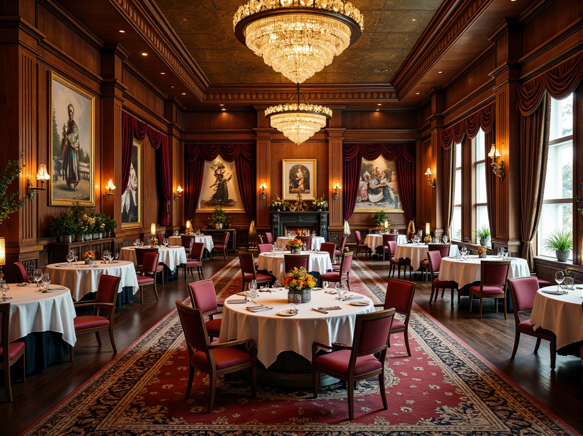 Prompt: Richly ornamented dining hall, eclectic style, lavish chandeliers, intricately patterned rugs, luxurious velvet drapes, ornate wooden furniture, gilded accents, marble floors, metallic sheen, bold color contrasts, vibrant artwork, opulent textiles, lavish centerpieces, grandiose architecture, dramatic lighting, warm golden tones, soft focus, shallow depth of field, 1/2 composition, realistic reflections, ambient occlusion.