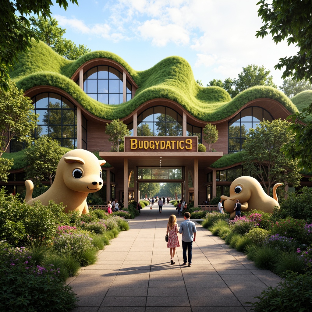 Prompt: Whimsical zoo entrance, undulating organic forms, vibrant green roofs, wavy wooden structures, playful animal sculptures, natural stone walls, curved glass facades, biomimetic architecture, futuristic blob-like buildings, iridescent colors, shimmering textures, soft warm lighting, shallow depth of field, 1/1 composition, panoramic view, realistic renderings, ambient occlusion, lush vegetation, tropical plants, misty atmosphere, morning sunlight.