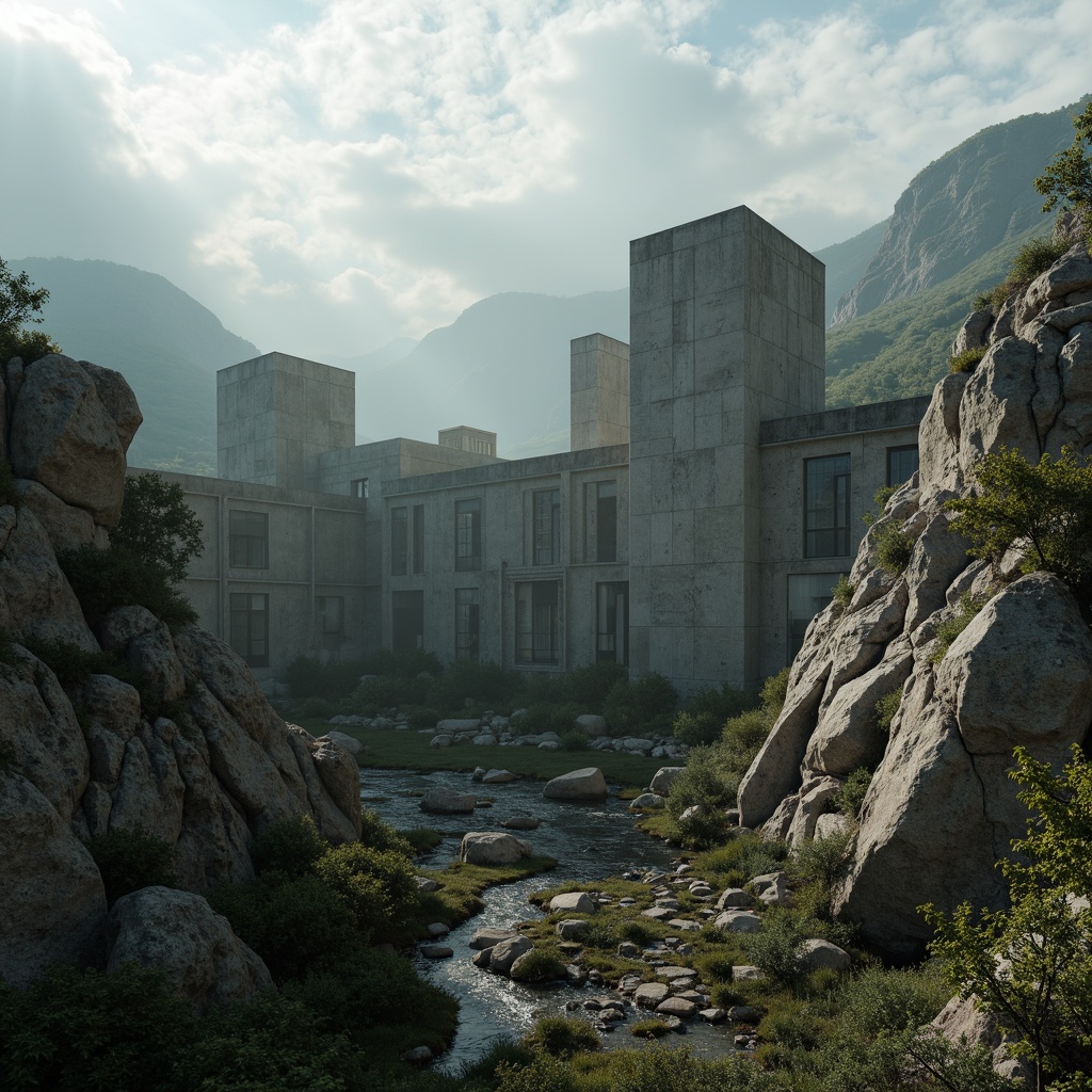 Prompt: Rugged natural landscape, rocky outcrops, sparse vegetation, brutalist concrete buildings, fortress-like structures, raw unfinished surfaces, industrial materials, exposed ductwork, angular lines, monumental scale, dramatic shadows, harsh overhead lighting, cinematic composition, atmospheric mist, mysterious ambiance, overgrown ruins, abandoned infrastructure, distressed textures, gritty realism.