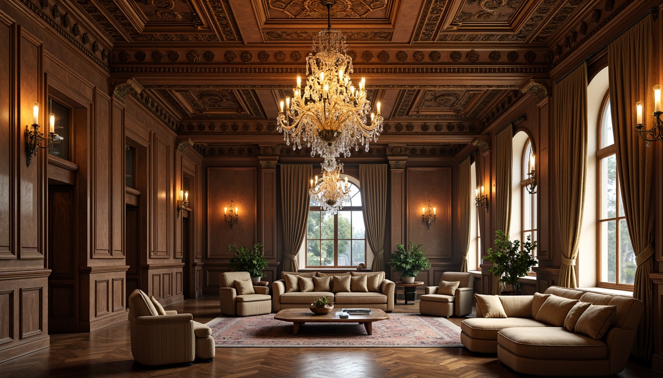 Prompt: Renaissance-style apartments, ornate ceiling decorations, intricate moldings, luxurious chandeliers, crystal droplets, golden accents, rich wood tones, coffered ceilings, barrel vaults, decorative arches, soft warm lighting, ambient shadows, 3/4 composition, realistic textures, subtle color palette, elegant furnishings, refined interior design, sophisticated ambiance, upscale living spaces.