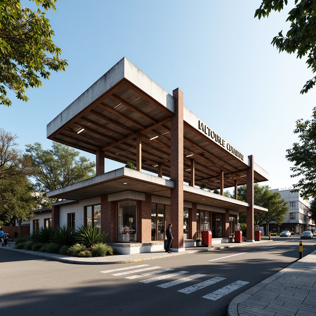 Prompt: Rustic gas station, industrial pipes, functionalist architecture, bold typography, primary color scheme, geometric shapes, minimalist design, natural stone walls, steel beams, large windows, cantilevered canopies, angular lines, modernist landscaping, native plants, gravel pathways, urban context, busy streets, morning sunlight, high contrast lighting, shallow depth of field, 2/3 composition, realistic textures, ambient occlusion.