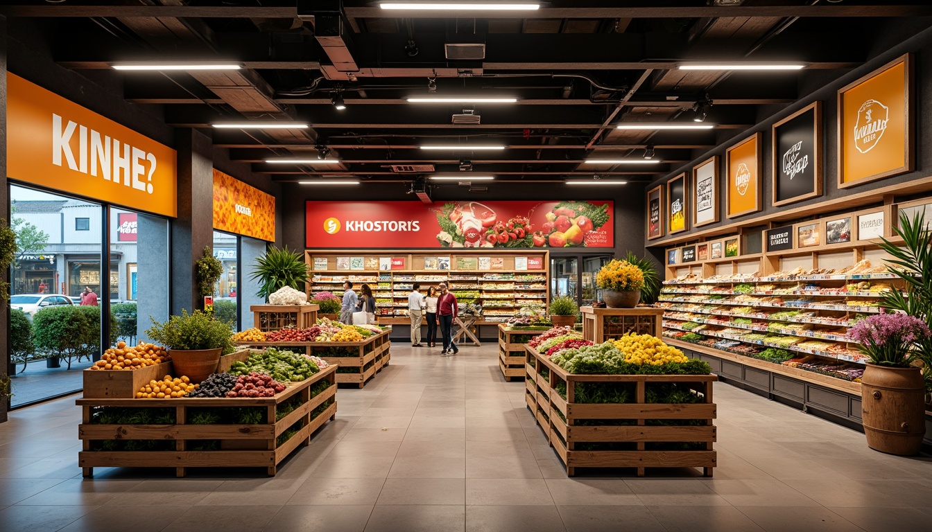 Prompt: Vibrant grocery store interior, bold color scheme, bright signage, fresh produce displays, wooden crates, metal shelves, modern lighting fixtures, polished concrete floors, natural stone walls, eclectic decorative accents, lively atmosphere, warm inviting ambiance, shallow depth of field, 1/1 composition, realistic textures, ambient occlusion.