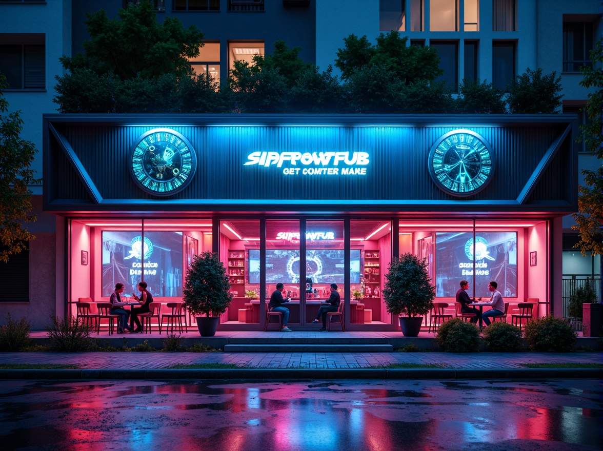 Prompt: Neon-lit pub facade, futuristic architecture, metallic materials, angular lines, holographic advertisements, cyberpunk-inspired signage, vibrant LED lights, transparent glass walls, minimalist interior design, high-tech bar equipment, robotic bartenders, virtual reality experiences, immersive gaming areas, neon-lit streetscape, rainy night atmosphere, shallow depth of field, 1/1 composition, cinematic lighting, realistic reflections, ambient occlusion.