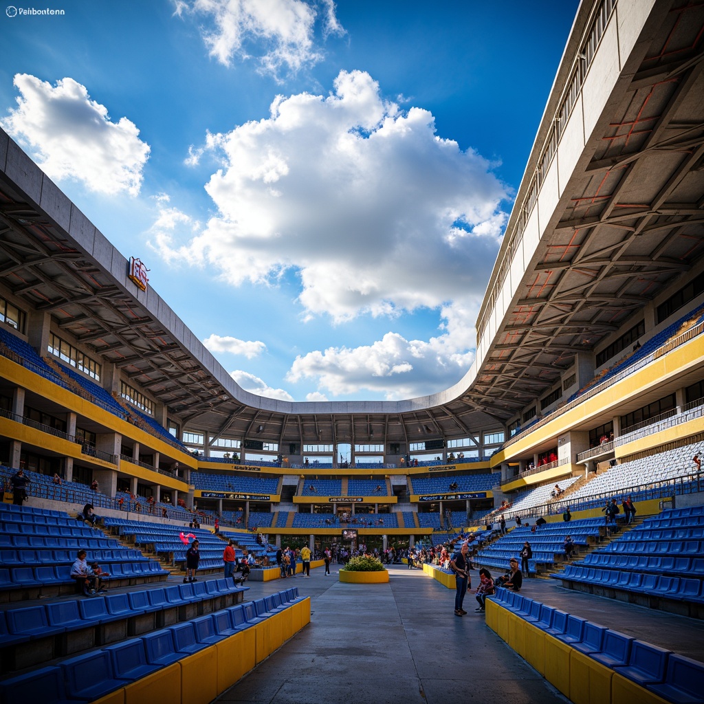 Prompt: Vibrant stadium atmosphere, electric blue seats, bright yellow accents, bold red stripes, dynamic LED lighting, modern angular architecture, sleek metal beams, polished concrete floors, energetic crowd scenes, sunny day with fluffy white clouds, shallow depth of field, 1/1 composition, realistic textures, ambient occlusion, dramatic shadows, warm golden hour lighting.