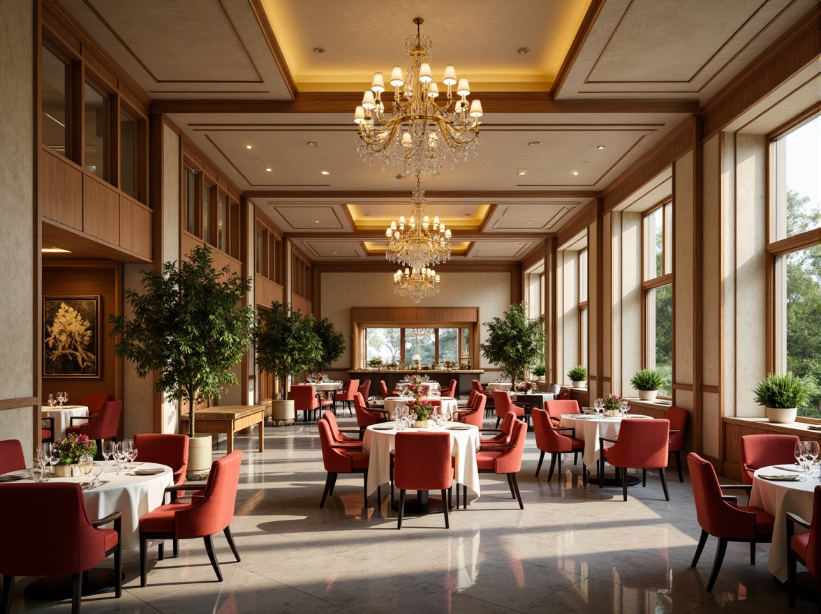 Prompt: Elegant dining hall, luxurious chandeliers, rich wood tones, warm beige walls, soft cream accents, velvety red upholstery, golden metallic fixtures, sophisticated gray marble floors, lavish greenery, natural light pouring in, airy atmosphere, shallow depth of field, 1/1 composition, realistic textures, ambient occlusion.