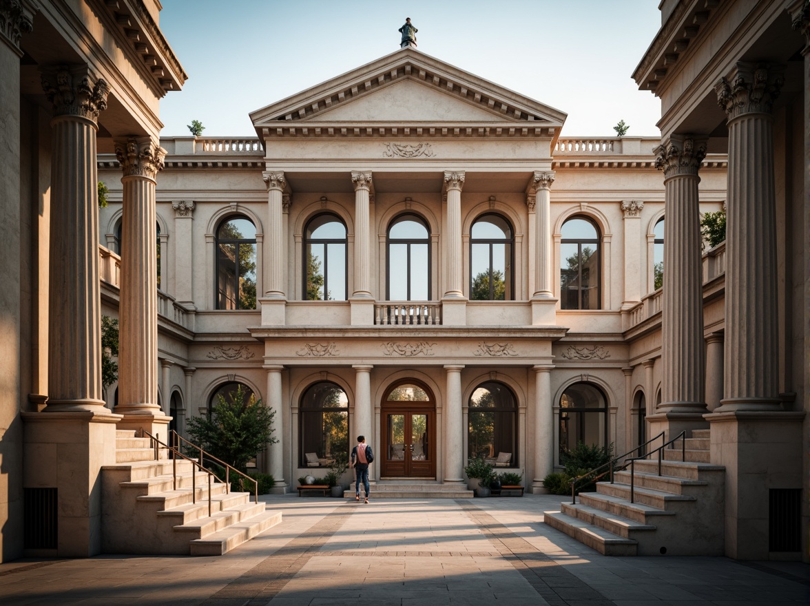 Prompt: Grandiose neoclassical building, symmetrical facade, ornate columns, carved stone details, imposing entrance, sweeping staircases, elegant archways, refined moldings, subtle color palette, natural light pouring through tall windows, dramatic shadows, precise 1/1 composition, central axis alignment, bilateral symmetry, classical orders, rusticated base, pedimented roof, ornamental balustrades, majestic proportions, serene atmosphere, soft warm lighting, high contrast ratio.