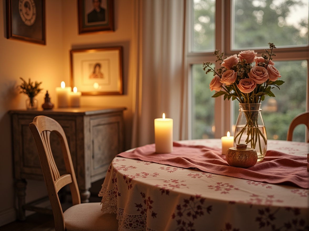 Prompt: Soft candlelight, warm beige walls, rich velvet fabrics, delicate lace details, pastel pink hues, muted gold accents, distressed wood furniture, vintage floral patterns, whimsical script typography, dreamy misty atmosphere, warm golden lighting, shallow depth of field, 1/1 composition, intimate close-up shots, realistic textures, ambient occlusion.