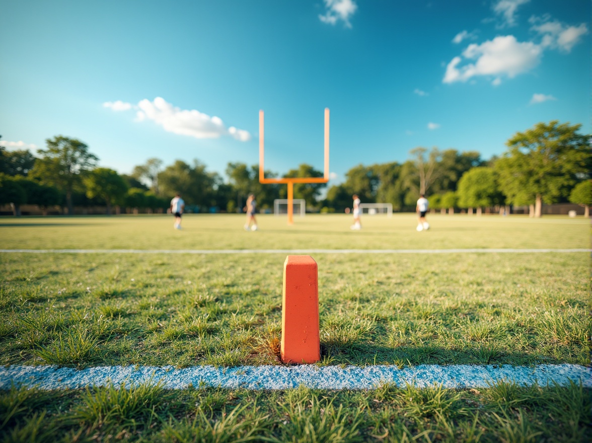 Prompt: Vibrant green grass, bright white lines, bold blue accents, warm beige sand, dynamic yellow goalposts, energetic orange cones, fresh air atmosphere, sunny day lighting, shallow depth of field, 3/4 composition, panoramic view, realistic textures, ambient occlusion.