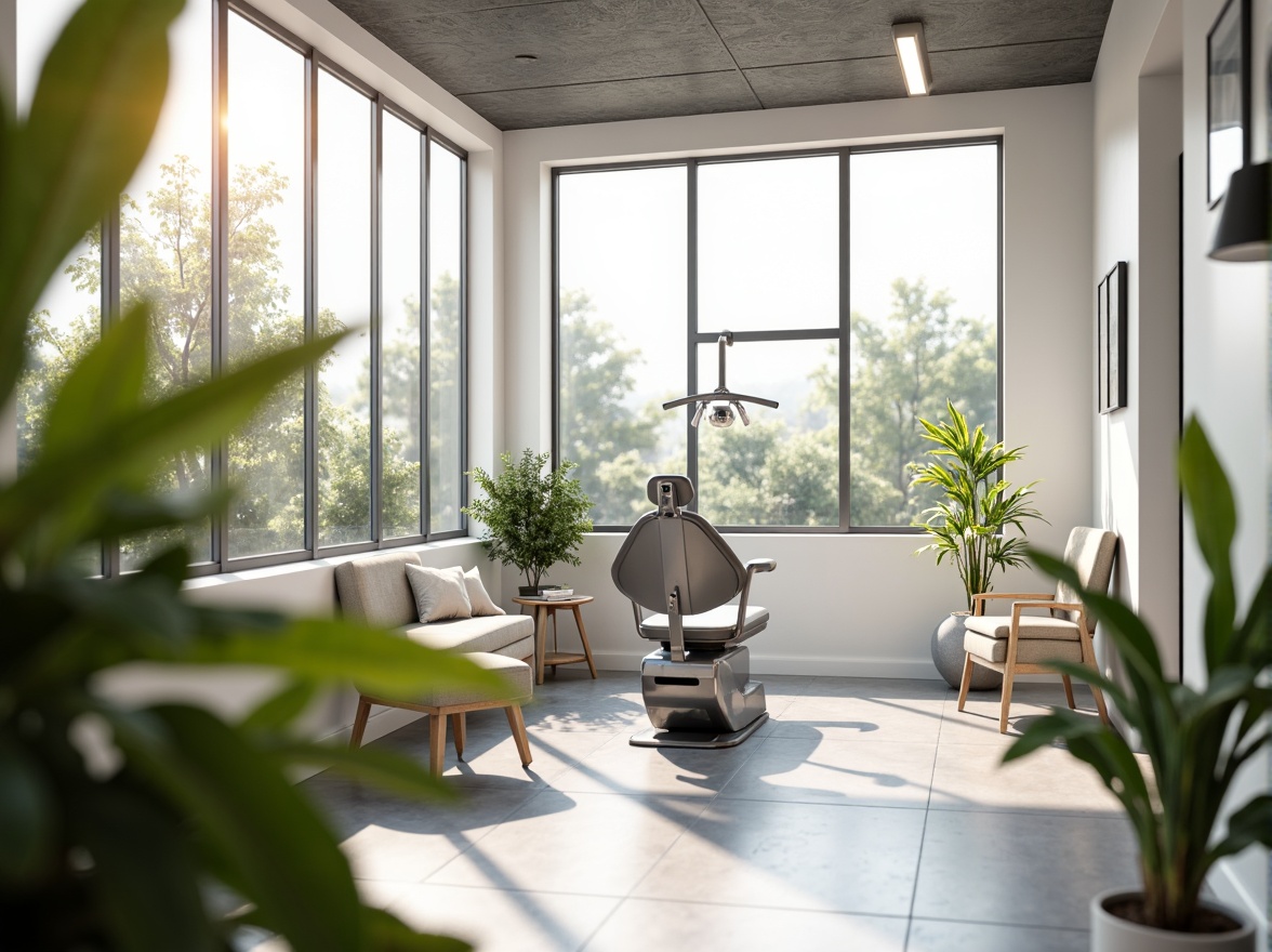 Prompt: Bright dental clinic, large windows, natural light pouring in, minimal shading devices, reflective surfaces, sterile white walls, sleek metal equipment, comfortable waiting area, lush green plants, calming ambiance, soft warm lighting, shallow depth of field, 3/4 composition, realistic textures, ambient occlusion.