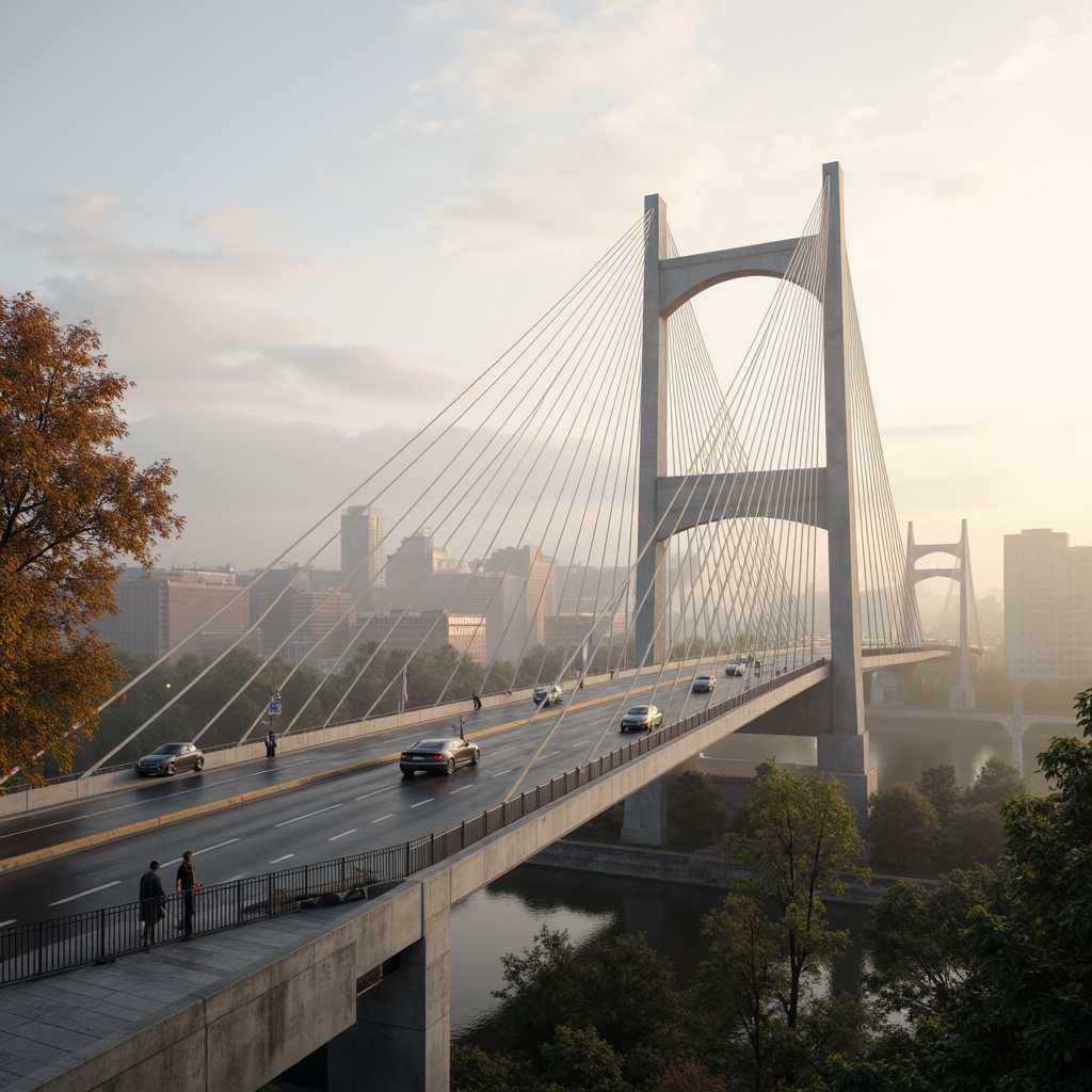 Prompt: Sleek suspension bridge, curved steel arches, sturdy pillars, modern urban landscape, misty morning atmosphere, soft warm lighting, shallow depth of field, 3/4 composition, panoramic view, realistic textures, ambient occlusion, pedestrian walkways, cyclist lanes, vehicular traffic flow, structural integrity, load-bearing capacity, wind resistance, seismic stability, innovative materials, sustainable construction methods, minimalist aesthetic, functional simplicity.