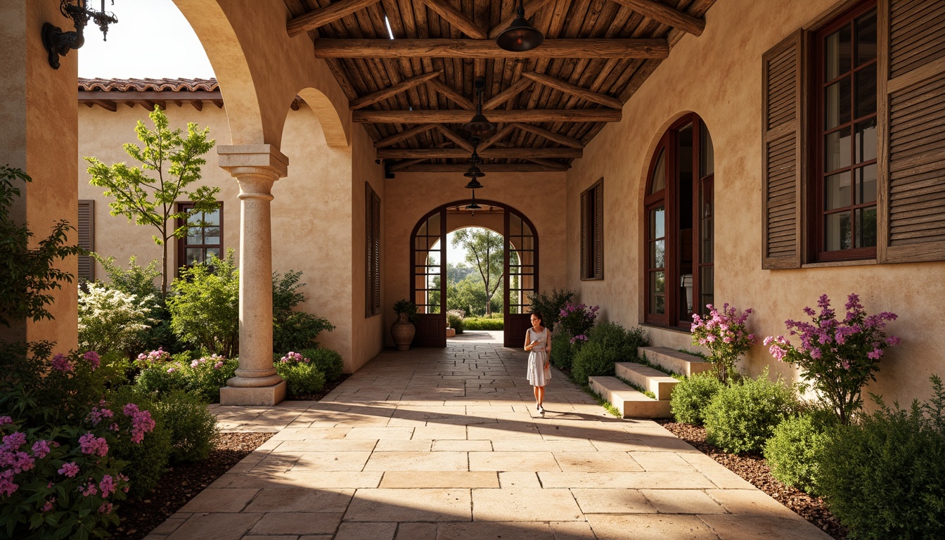 Prompt: Earthy tones, warm beige, rustic red, weathered wood, natural stone, terracotta roofs, ornate tile work, curved arches, decorative ironwork, lush greenery, vibrant flowers, regional cultural patterns, traditional craftsmanship, cozy intimate spaces, soft warm lighting, shallow depth of field, 3/4 composition, panoramic view, realistic textures, ambient occlusion.