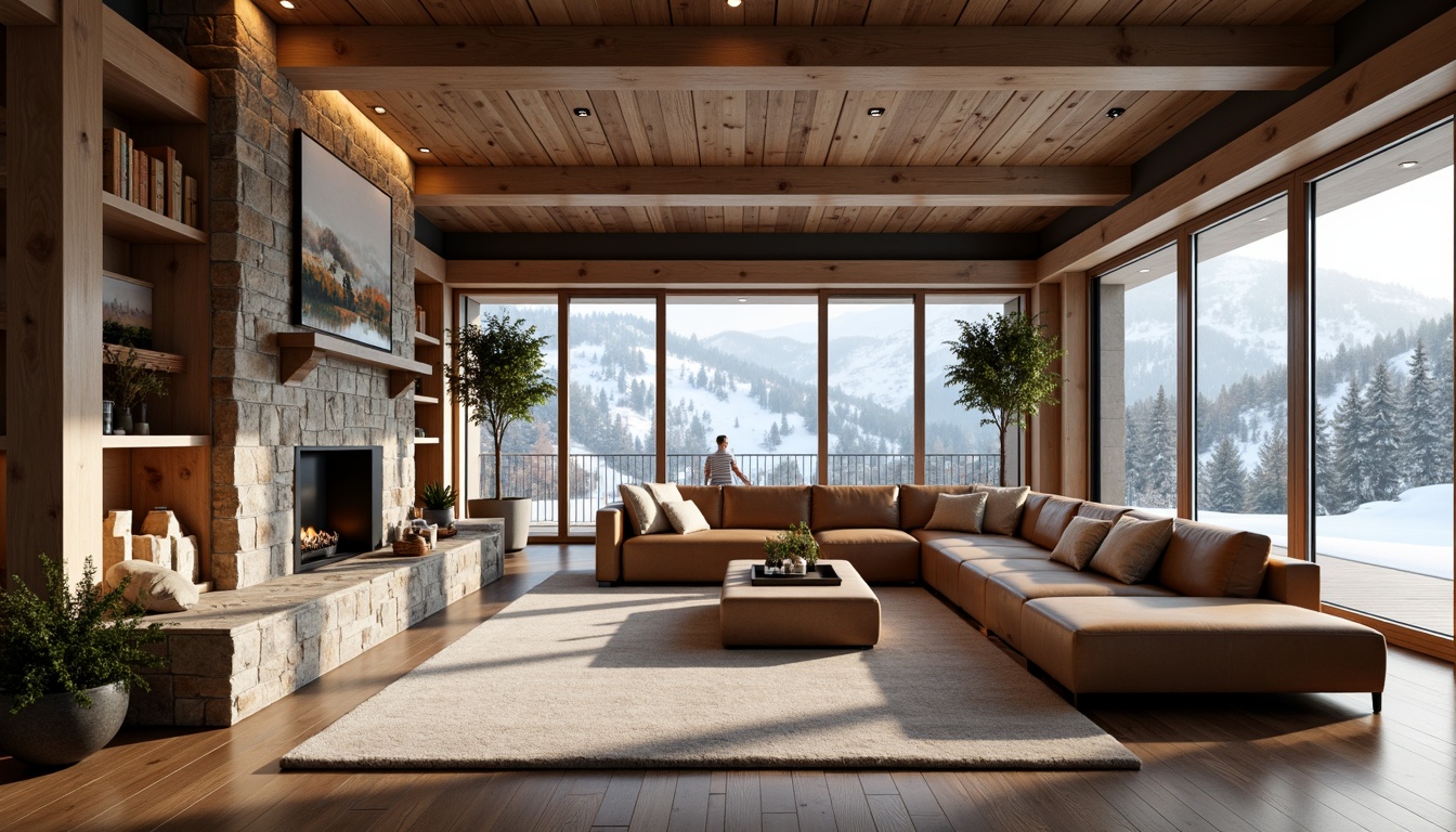 Prompt: Luxurious ski lodge, modern wooden accents, sleek metal fixtures, warm ambient lighting, plush area rugs, comfortable sofas, rustic stone fireplaces, reclaimed wood walls, polished chrome hardware, minimalist decor, snowy mountain views, large windows, sliding glass doors, cozy reading nooks, rich leather upholstery, natural textiles, earthy color palette, warm beige tones, soft cream accents, 1/1 composition, shallow depth of field, realistic reflections, ambient occlusion.