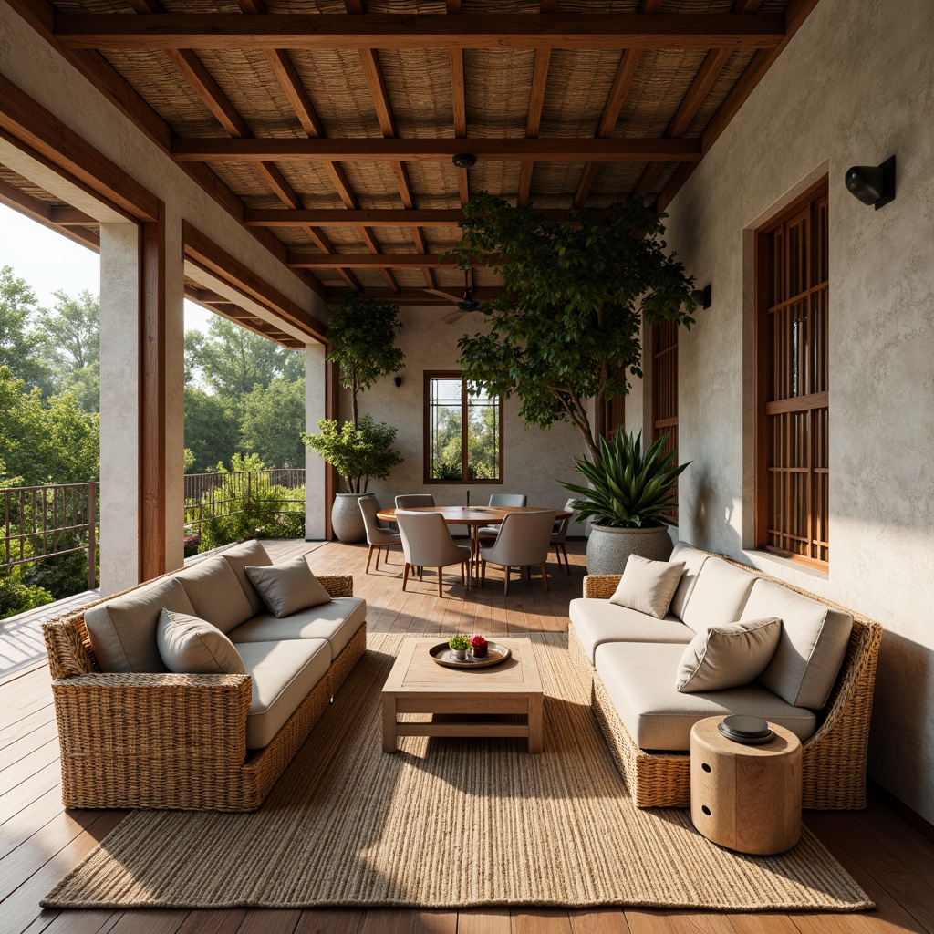 Prompt: Cozy hostel lounge, reclaimed wood accents, natural stone walls, earthy tone color palette, woven rattan furniture, jute rug, linen upholstery, wooden floorboards, bamboo ceiling, living green walls, industrial metal beams, minimalist decor, warm soft lighting, shallow depth of field, 1/1 composition, realistic textures, ambient occlusion.