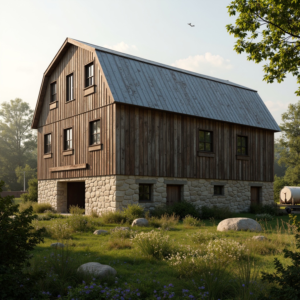 Prompt: Rustic barn, weathered wood planks, distressed finishes, earthy tones, natural stone foundations, wooden shutters, corrugated metal roofs, vintage farm equipment, overgrown wildflowers, lush greenery, misty morning, soft warm lighting, shallow depth of field, 3/4 composition, panoramic view, realistic textures, ambient occlusion.