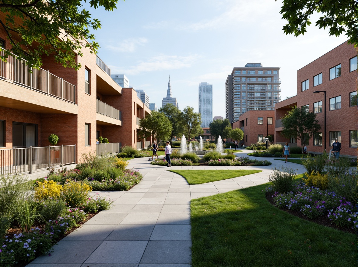 Prompt: Vibrant campus courtyard, lush greenery, blooming flowers, meandering walkways, natural stone paths, modern architecture, sleek glass buildings, minimalist design, innovative water features, interactive public art, dynamic lighting systems, shallow depth of field, 3/4 composition, panoramic view, realistic textures, ambient occlusion, Renaissance-inspired facades, ornate fountains, grand staircases, elegant archways, rustic stone walls, scenic overlooks, serene atmosphere, warm sunny day.