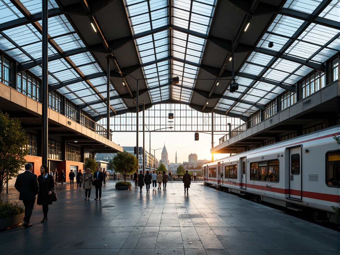 Prompt: Vibrant train station, large glass roofs, clerestory windows, transparent canopies, open atriums, minimalist columns, sleek metal beams, polished concrete floors, modern architecture, abundant natural light, soft warm ambiance, shallow depth of field, 3/4 composition, panoramic view, realistic textures, ambient occlusion, bustling atmosphere, rush hour scenes, urban landscape, city skyline, morning sunlight, afternoon glow, evening twilight.