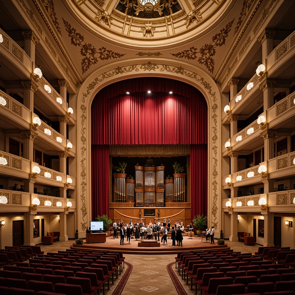 Prompt: Grand concert hall, ornate details, rich velvet curtains, polished marble floors, intricate moldings, gilded accents, luxurious chandeliers, soft warm lighting, shallow depth of field, 3/4 composition, panoramic view, realistic textures, ambient occlusion, neoclassical architecture, symmetrical facades, Corinthian columns, ornate balconies, rusticated bases, smooth limestone walls, decorative friezes, carved wooden panels, intricate plasterwork, opulent furnishings, lavish upholstery, regal red velvet, golden hardware, crystal chandeliers.