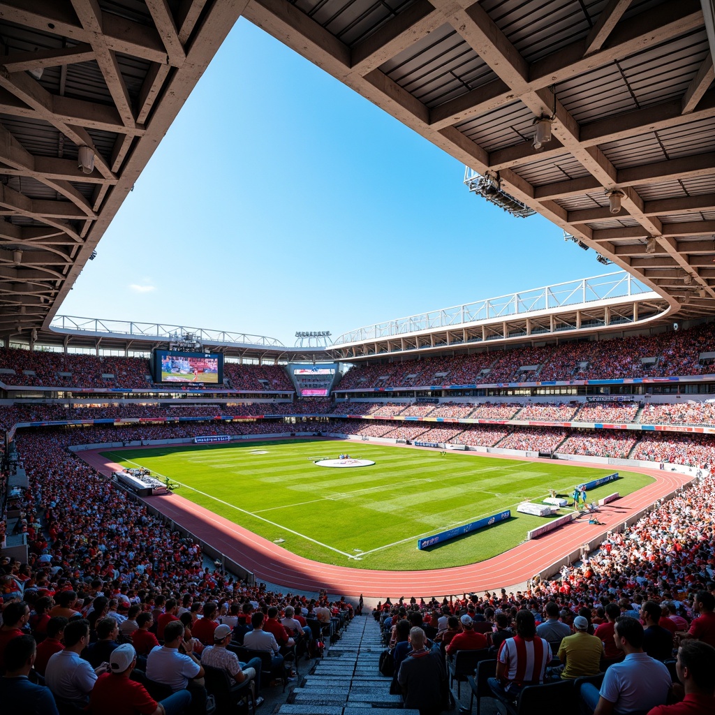 Prompt: Vibrant sports stadium, energetic crowd, bold team colors, dynamic LED lighting, sleek modern architecture, angular lines, metallic materials, concrete structures, lush green grass, athletic tracks, scoreboard displays, floodlighting, warm sunny day, shallow depth of field, 3/4 composition, panoramic view, realistic textures, ambient occlusion.