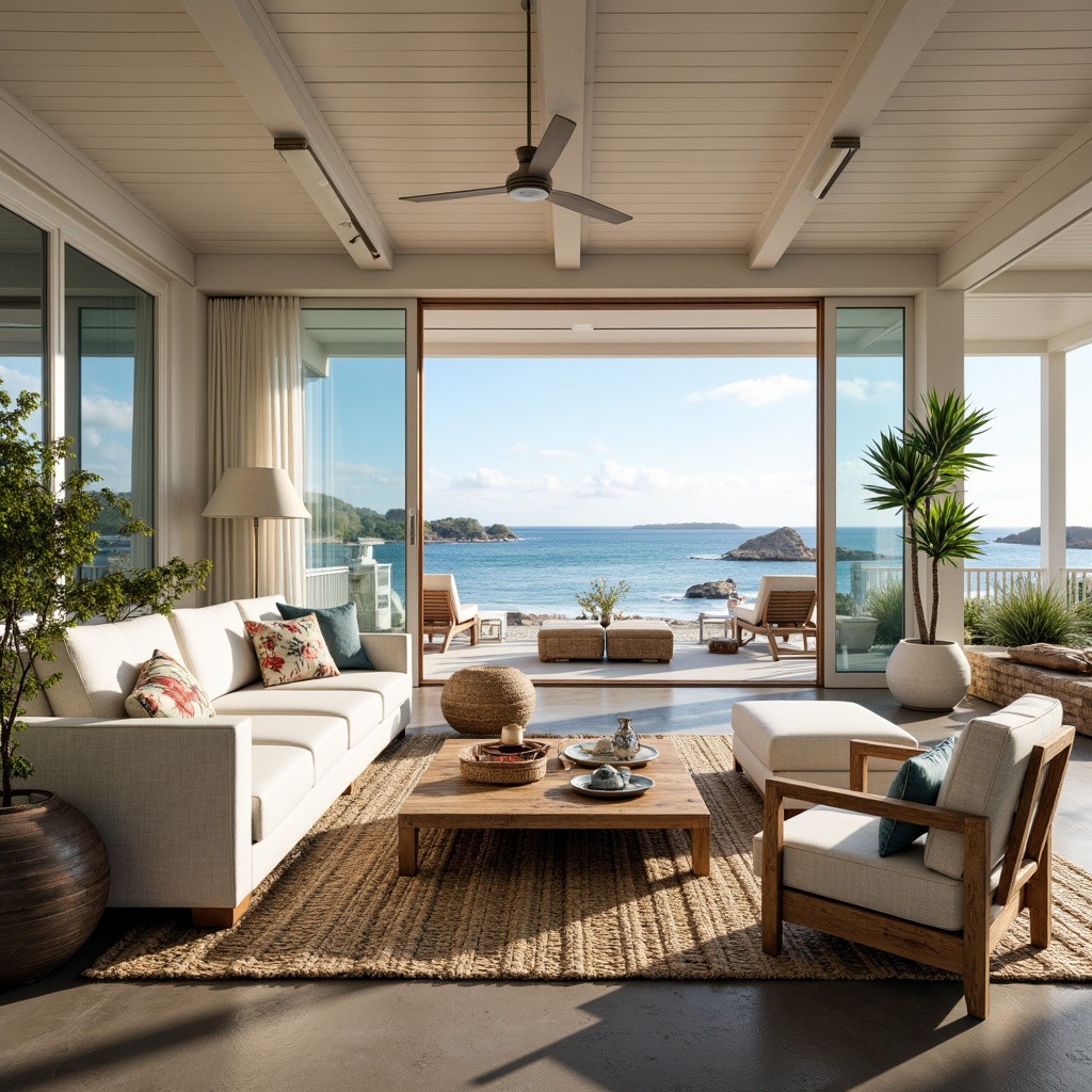 Prompt: Coastal living room, ocean-inspired color palette, driftwood accents, natural textiles, woven sea grass rugs, coral-patterned throw pillows, nautical-themed decorative objects, floor-to-ceiling windows, sliding glass doors, beachy vibe, soft warm lighting, shallow depth of field, 3/4 composition, panoramic view, realistic textures, ambient occlusion, modern minimalist furniture, reclaimed wood coffee table, comfortable linen sofas, ocean-breeze sound effects.