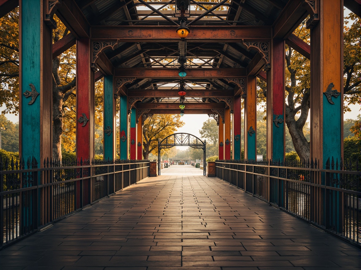 Prompt: Eclectic bridge, ornate metal railings, intricate stone carvings, vibrant colorful accents, asymmetrical arches, irregular shapes, mixed materials, industrial steel beams, rustic wooden planks, decorative trusses, grand entrance gates, majestic piers, flowing water reflections, misty atmospheric effects, warm golden lighting, shallow depth of field, 1/2 composition, dramatic low-angle shot, realistic textures, ambient occlusion.