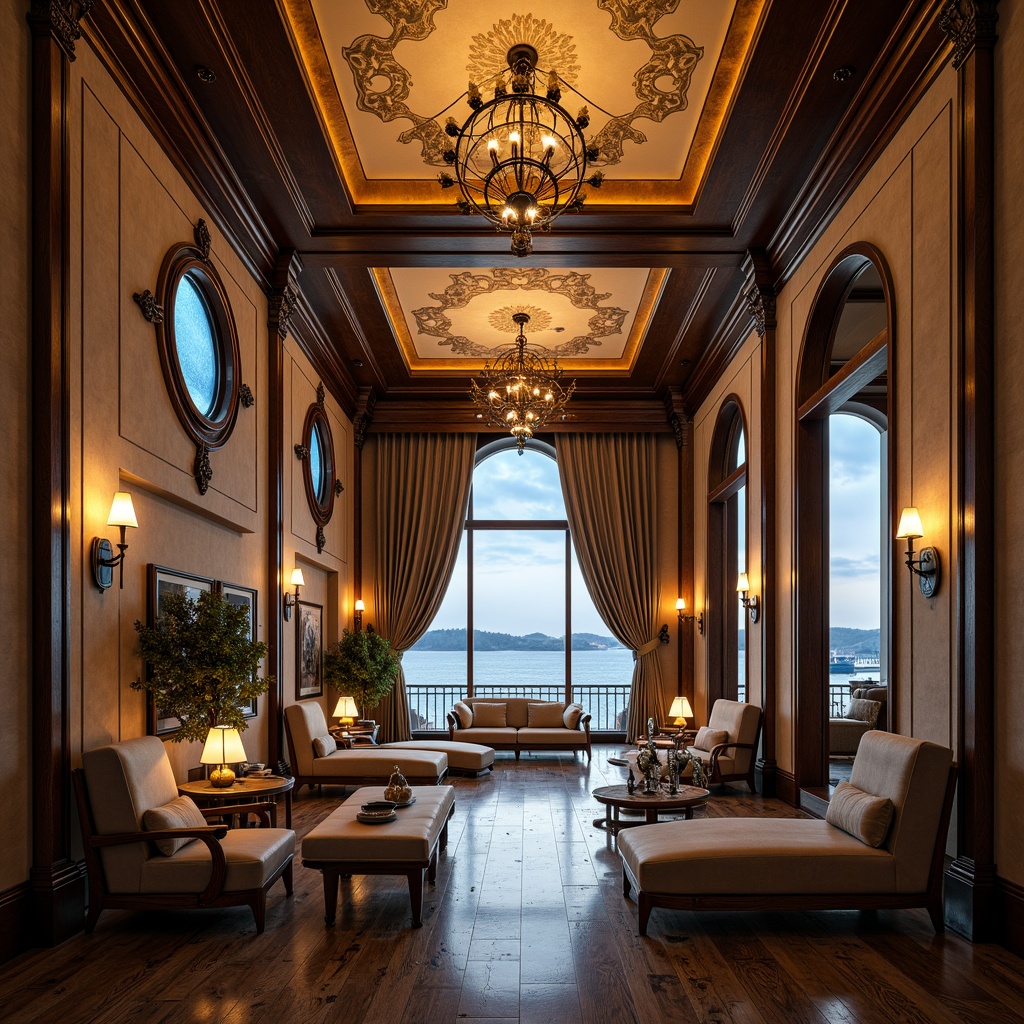 Prompt: Art Deco coastal mansion, ornate metalwork, geometric patterns, luxurious chandeliers, sconce lighting, warm golden glow, soft ambient illumination, floor-to-ceiling windows, ocean views, nautical themes, porthole windows, curved lines, metallic accents, opulent materials, lavish furnishings, high ceilings, grand staircases, dramatic verticality, low-key backlighting, subtle color grading, cinematic atmosphere, 1/2 composition, symmetrical framing, realistic reflections, detailed textures.