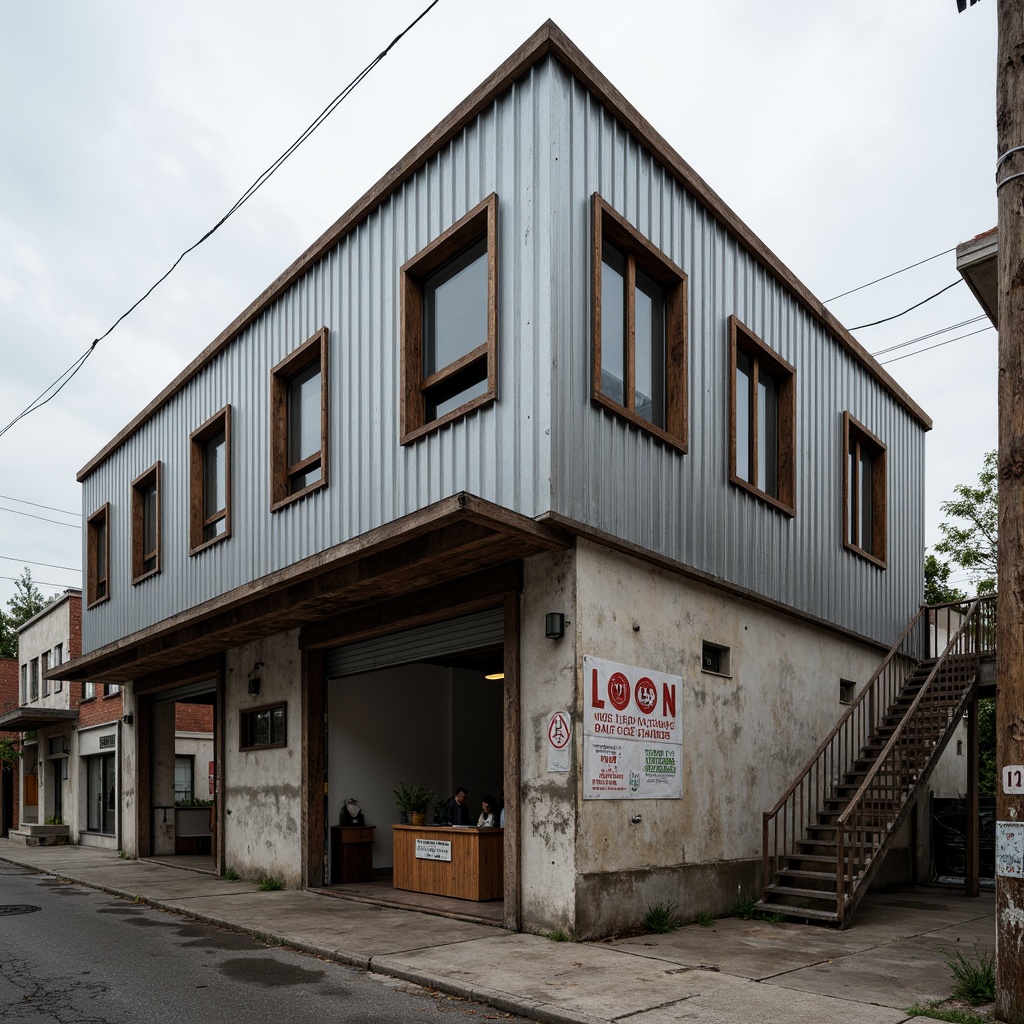 Prompt: Rustic industrial building, corrugated iron cladding, weathered metal surfaces, distressed finishes, rough concrete foundations, worn wooden accents, faded signage, neglected urban landscape, overcast sky, soft diffused lighting, shallow depth of field, 1/1 composition, realistic wear and tear, ambient occlusion.