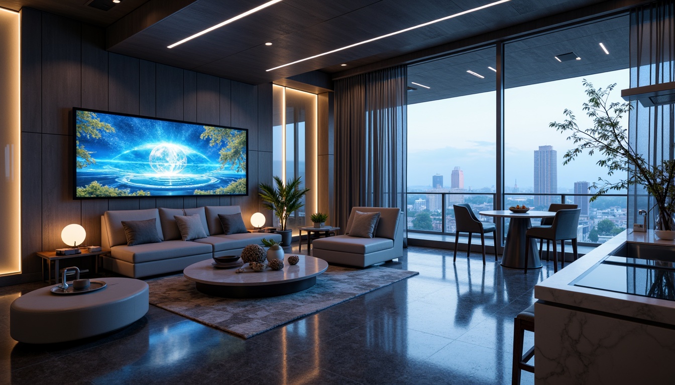 Prompt: Futuristic living room, sleek metallic walls, minimalist decor, angular lines, LED lighting strips, holographic displays, virtual reality zones, smart home systems, automated curtains, floor-to-ceiling windows, panoramic city views, open-plan kitchen, futuristic appliances, induction cooktops, circular dining tables, ergonomic chairs, ambient occlusion, soft neon glow, shallow depth of field, 3/4 composition, realistic textures.